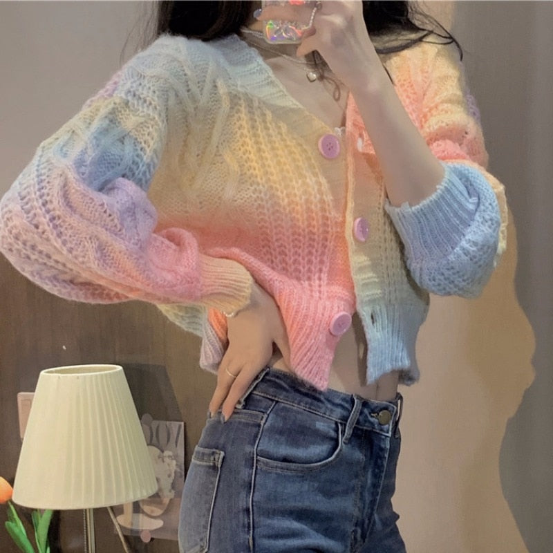 Pastel Rainbow Cropped Sweater Cardigan - Deer Doll