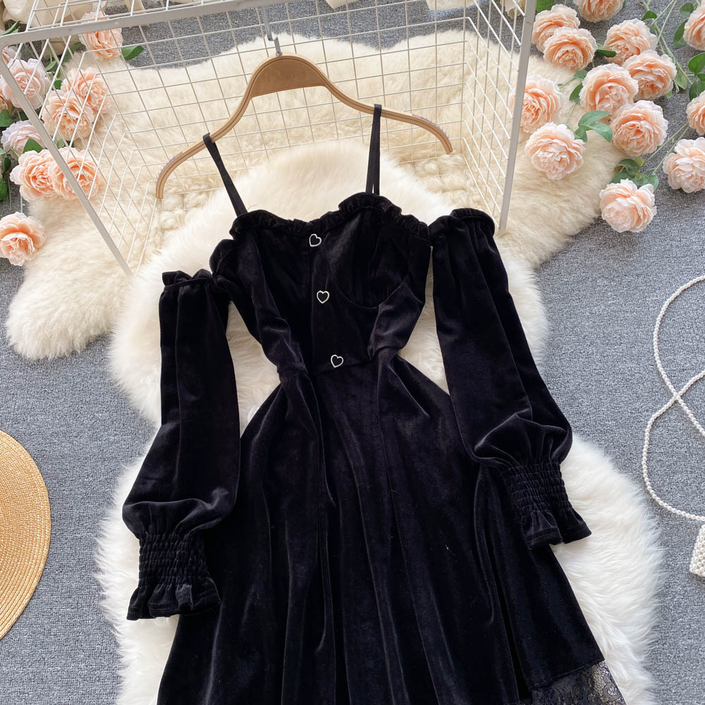 Fiery Romantic Goth Black Lace Velvet Dress