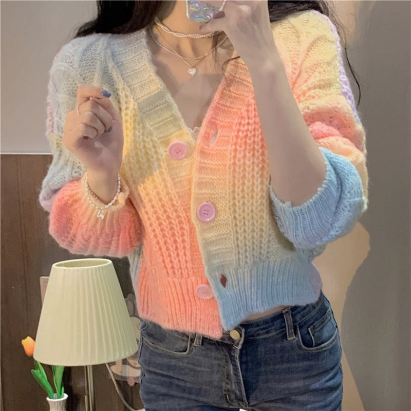 Pastel Rainbow Cropped Sweater Cardigan - Deer Doll