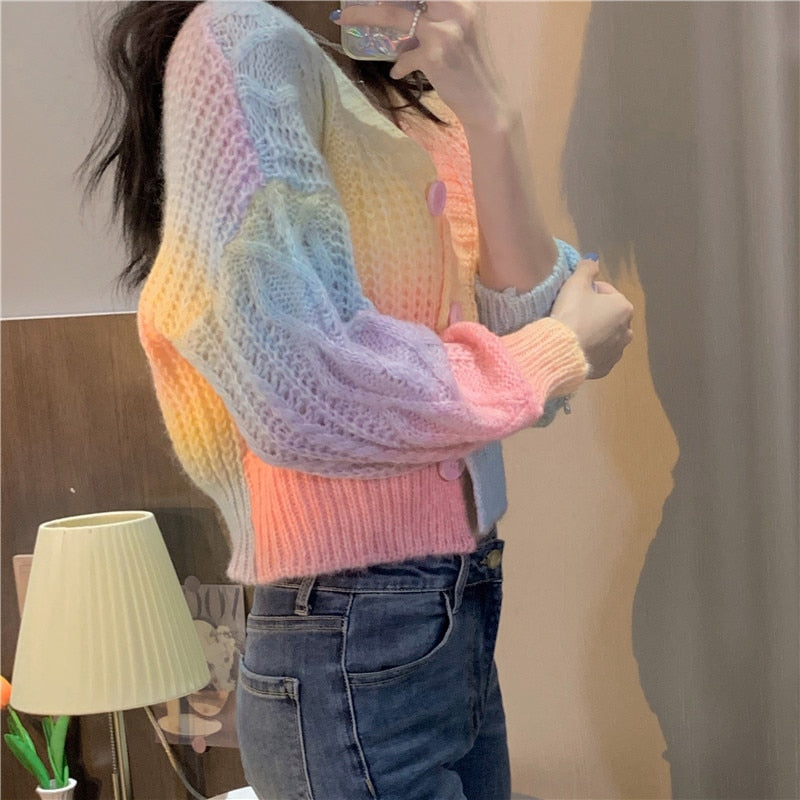 Pastel Rainbow Cropped Sweater Cardigan - Deer Doll