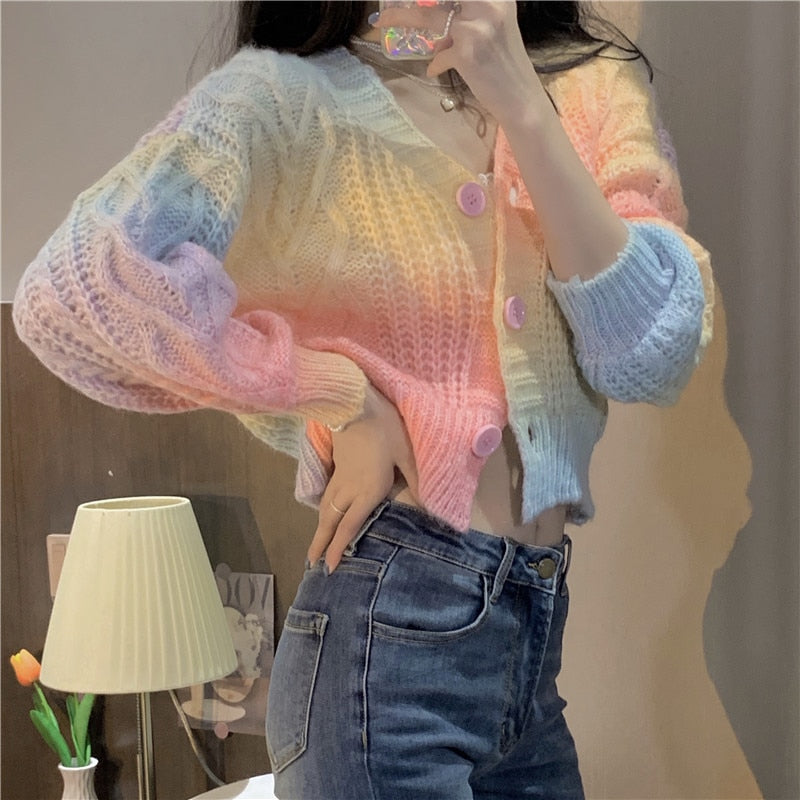 Pastel Rainbow Cropped Sweater Cardigan - Deer Doll