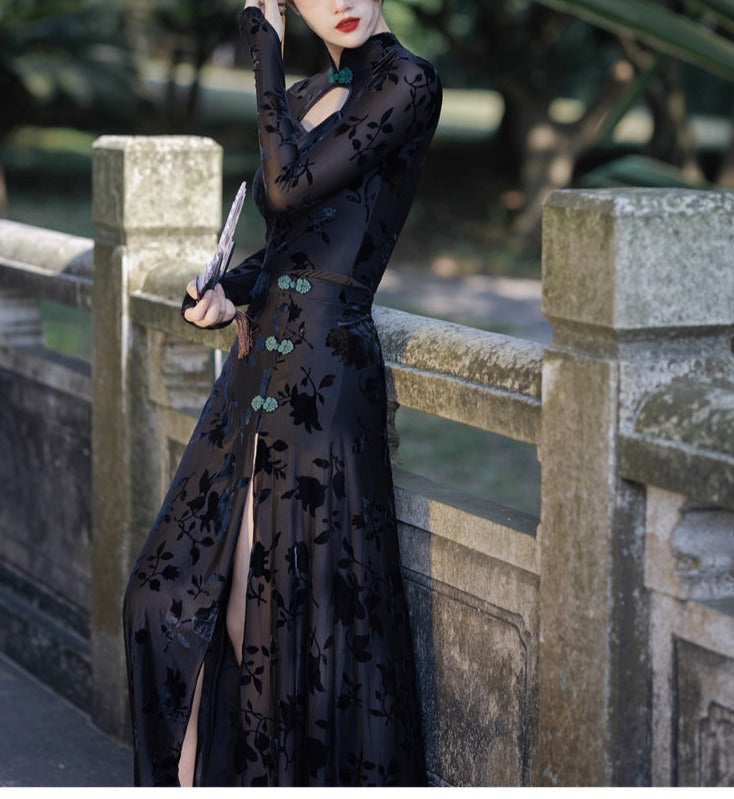 Lillith Black 90s Style Cheongsam 2-Piece Dress