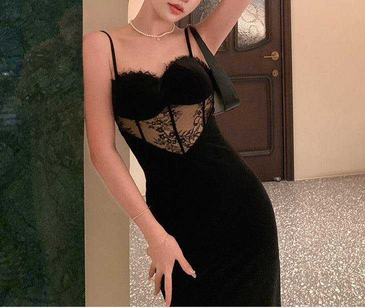 Brenna Black Velvet Vampy Lace Slip Dress