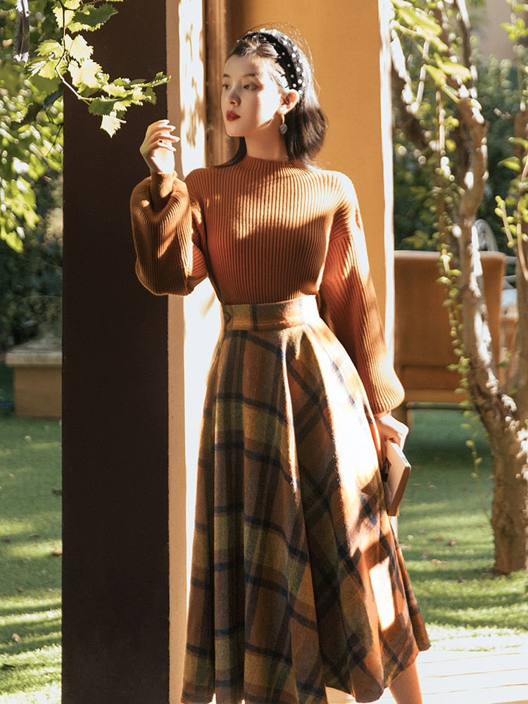Shadows in the Air Dark Academia Plaid Wool Dress Set