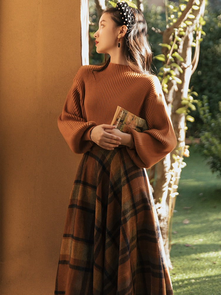 Shadows in the Air Dark Academia Plaid Wool Dress Set