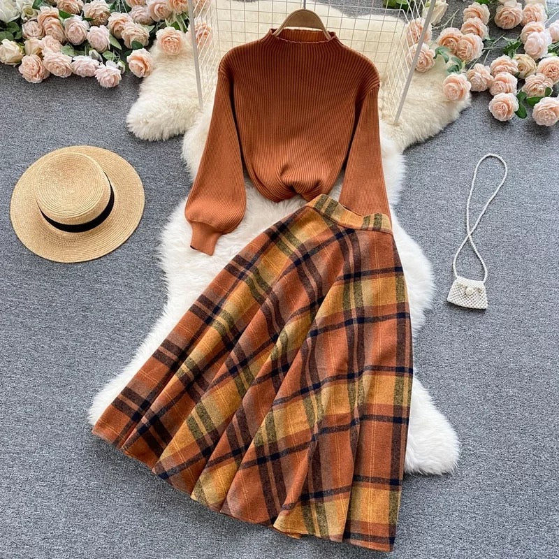 Shadows in the Air Dark Academia Plaid Wool Dress Set