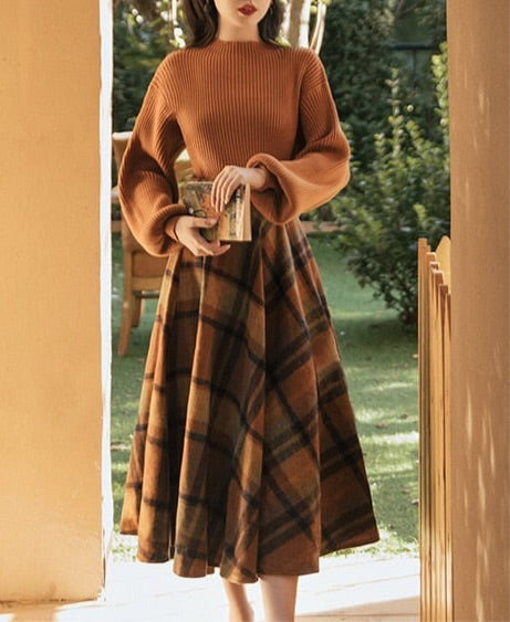 Shadows in the Air Dark Academia Plaid Wool Dress Set