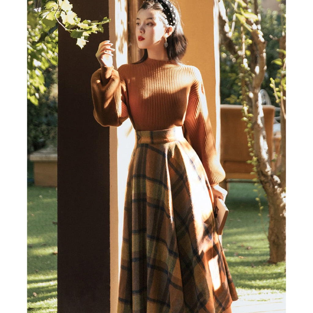Shadows in the Air Dark Academia Plaid Wool Dress Set