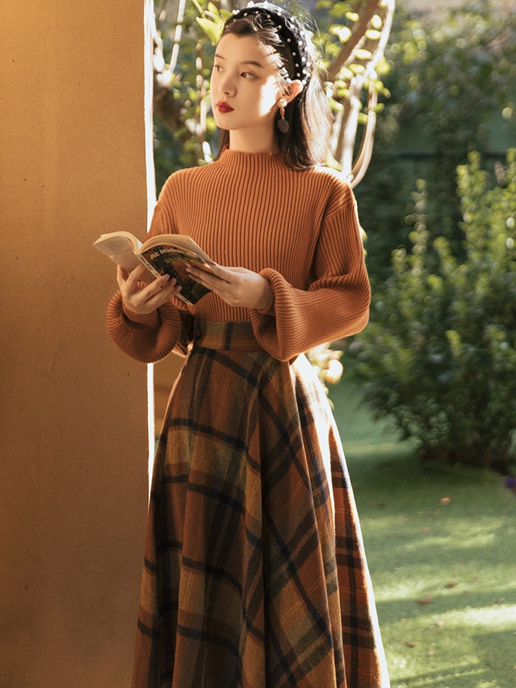 Shadows in the Air Dark Academia Plaid Wool Dress Set