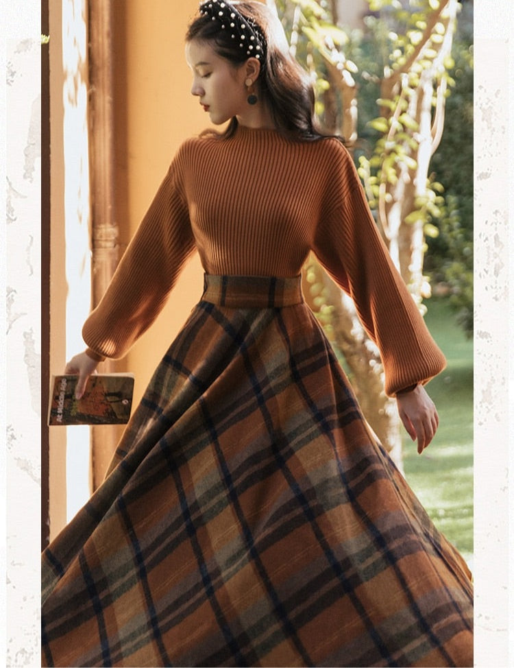 Shadows in the Air Dark Academia Plaid Wool Dress Set