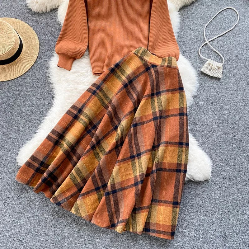 Shadows in the Air Dark Academia Plaid Wool Dress Set