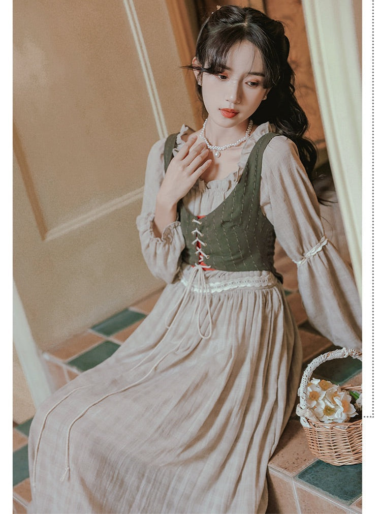 Tree Moss Cotton Linen Cottagecore Dress Set