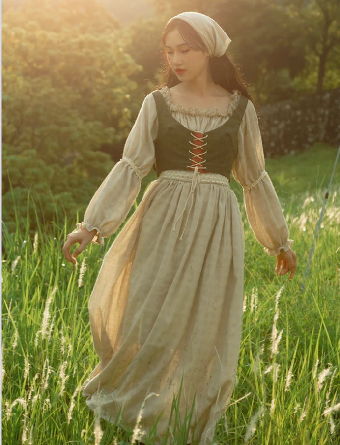 Tree Moss Cotton Linen Cottagecore Dress Set
