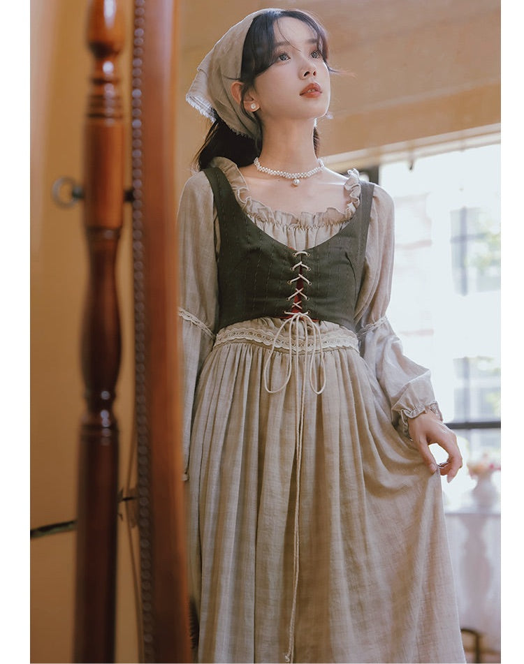 Tree Moss Cotton Linen Cottagecore Dress Set