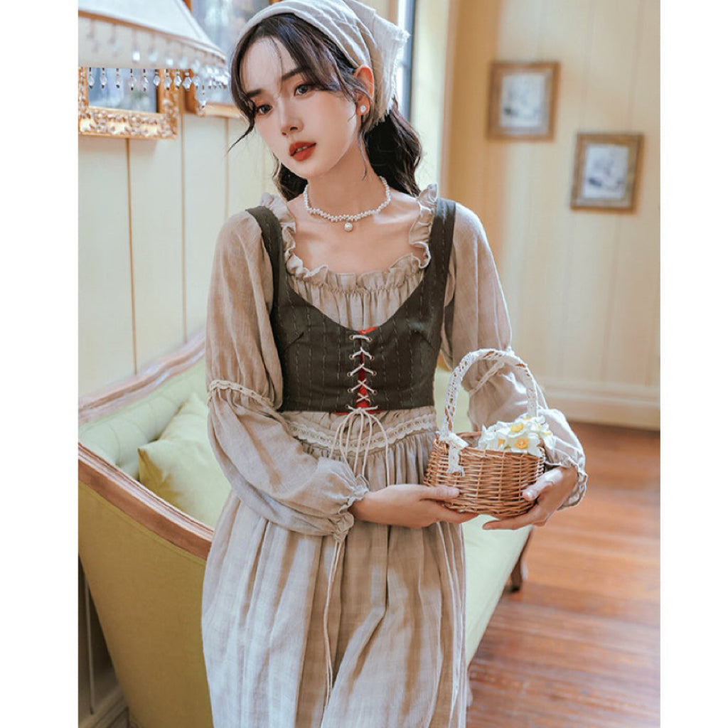 Tree Moss Cotton Linen Cottagecore Dress Set