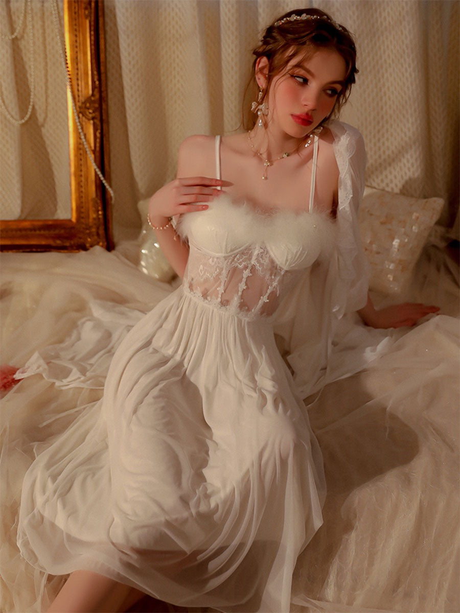 2-piece Feather Bustier Dress Fairy Nightgown Dress Set