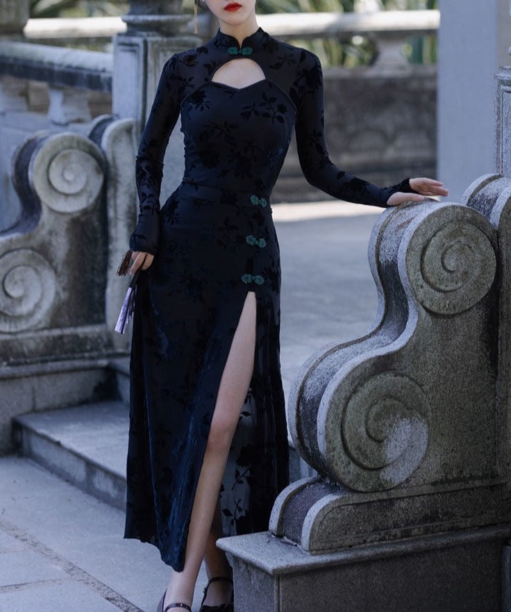 Lillith Black 90s Style Cheongsam 2-Piece Dress