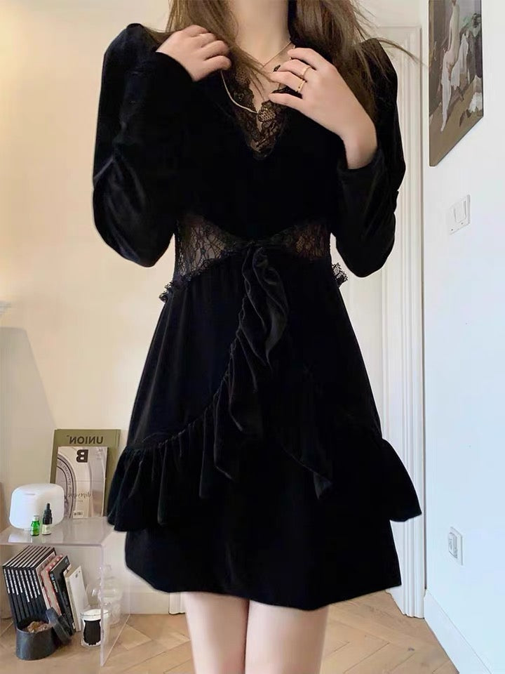 Obsidiana Velvet Lace Ruffle Mini Dress