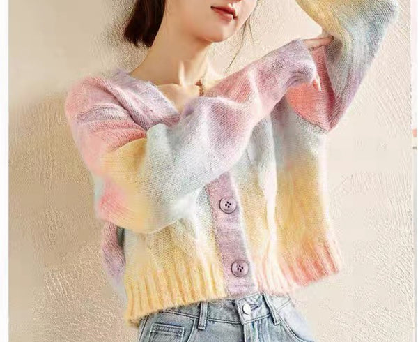 Pastel Rainbow Cropped Sweater Cardigan