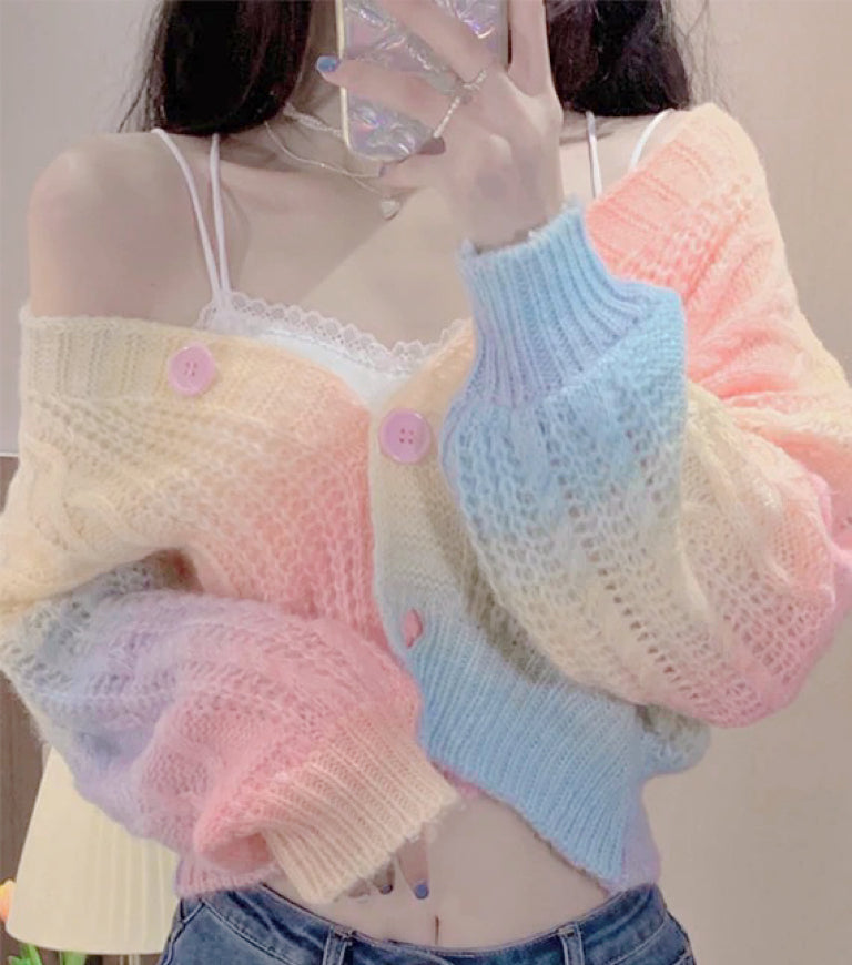 Pastel Rainbow Cropped Sweater Cardigan - Deer Doll