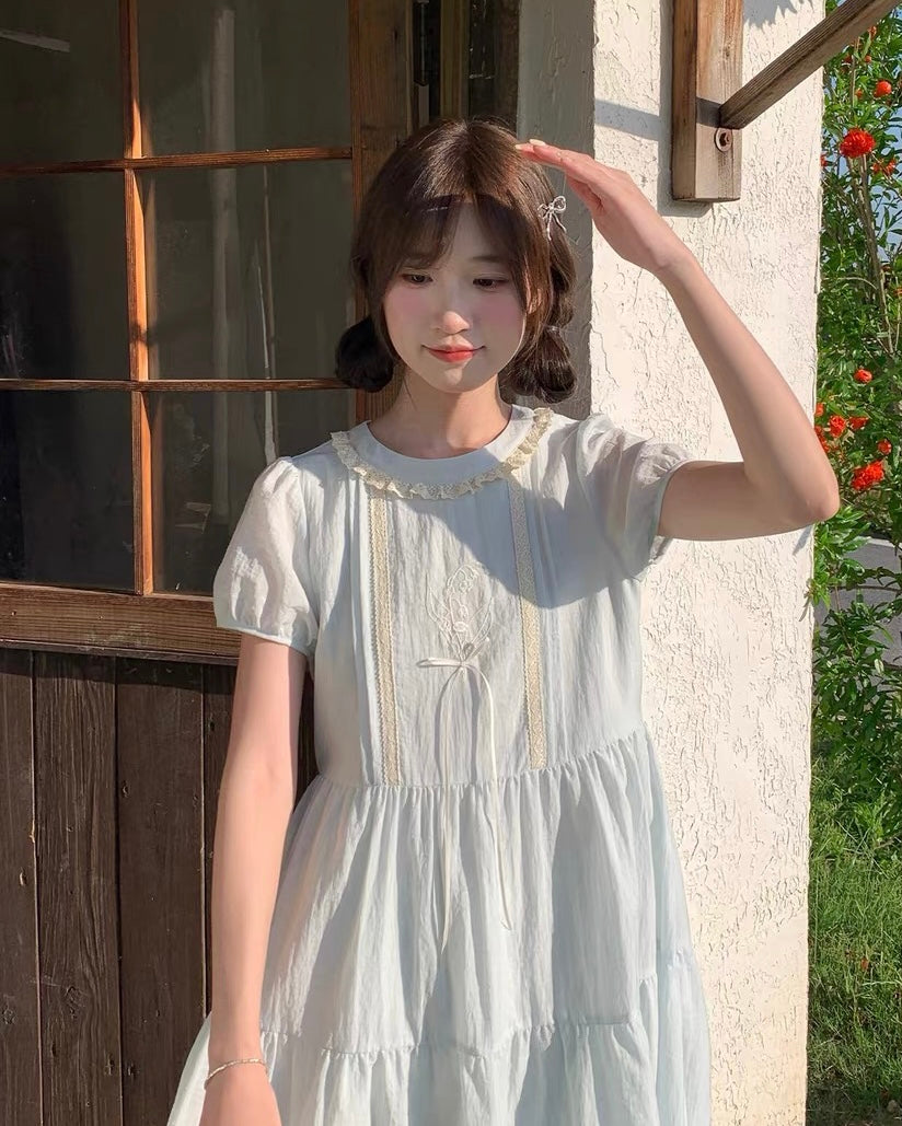 Lily of the Valley Embroidered Baby-Blue Dollcore Dress