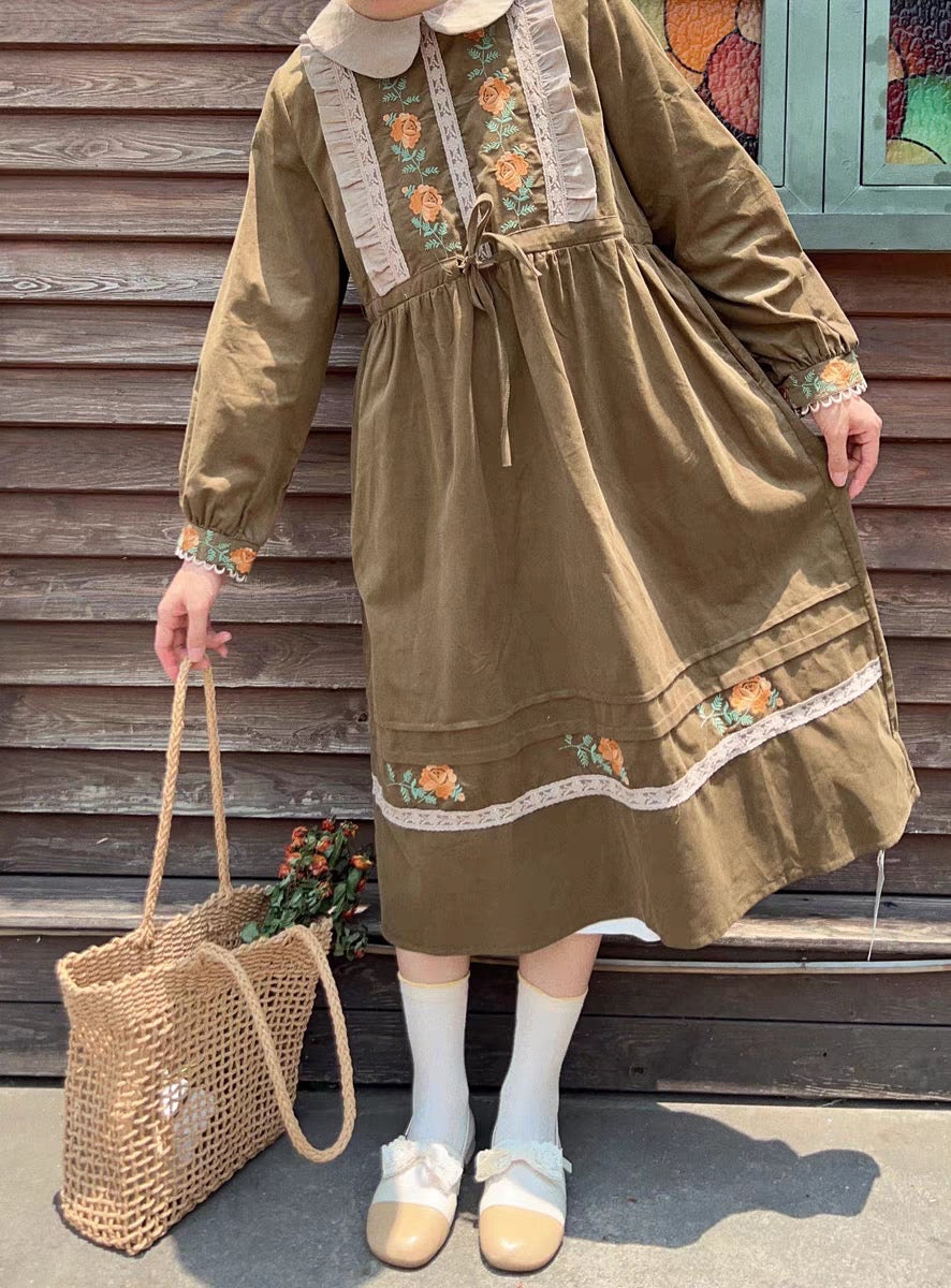 Clara Corduroy Cottagecore Dress with Embroidery