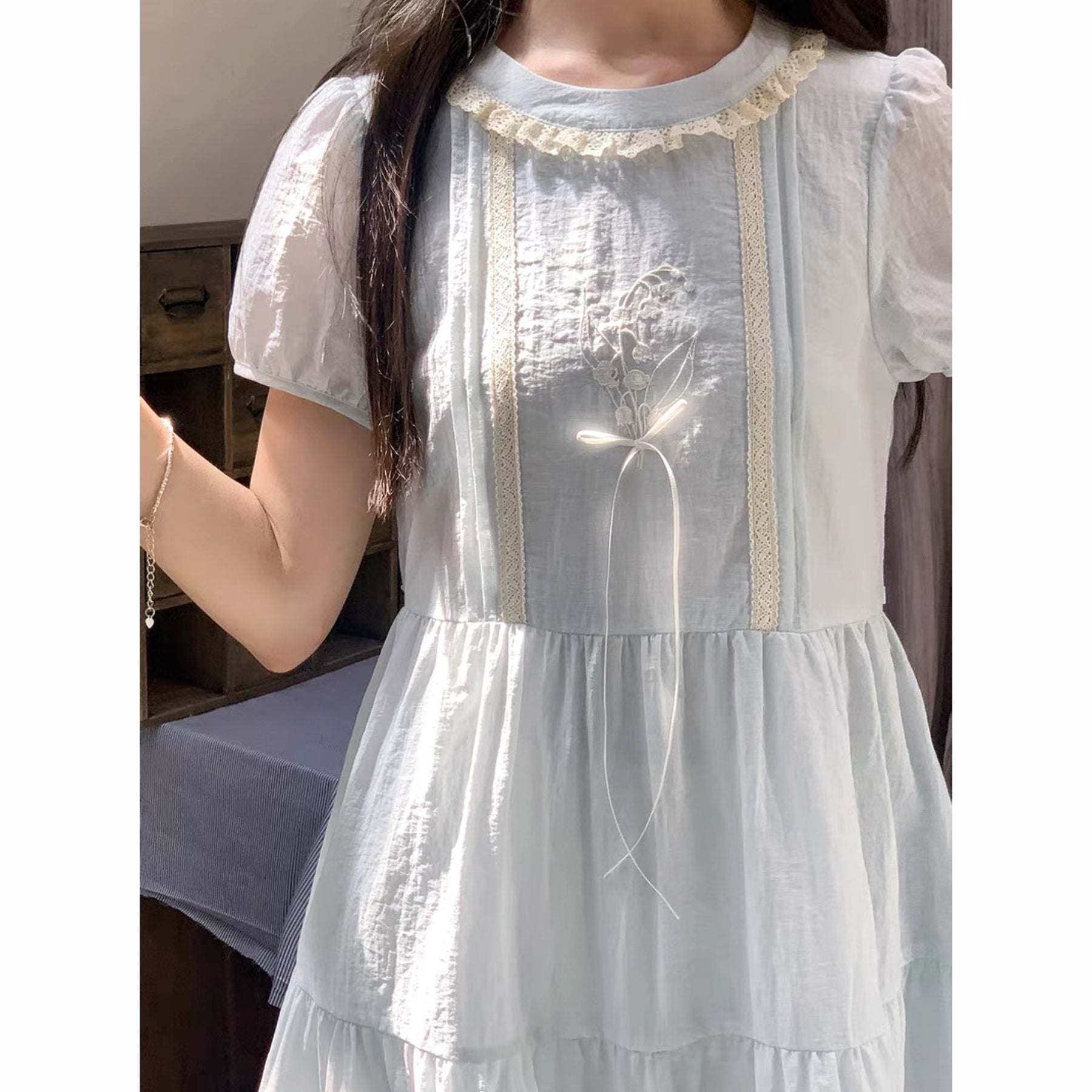 Lily of the Valley Embroidered Baby-Blue Dollcore Dress