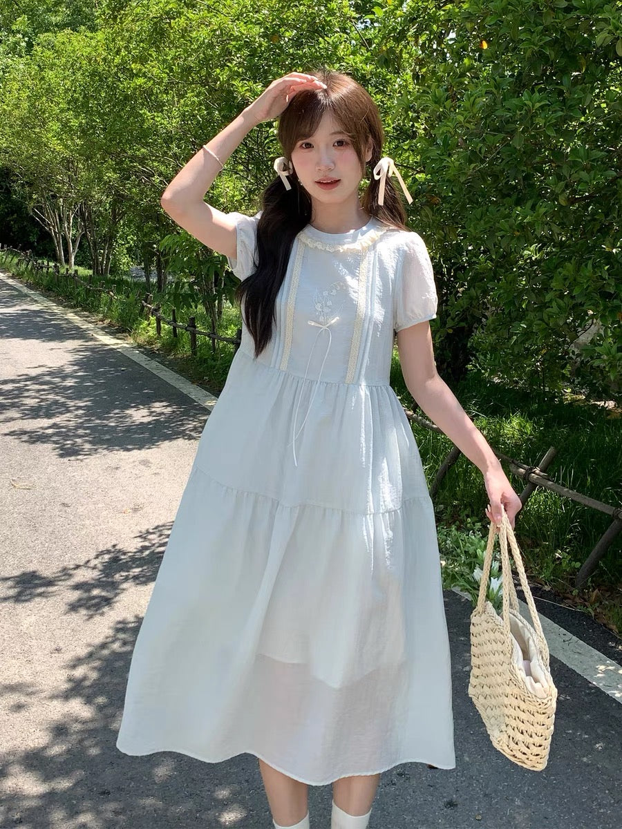 Lily of the Valley Embroidered Baby-Blue Dollcore Dress