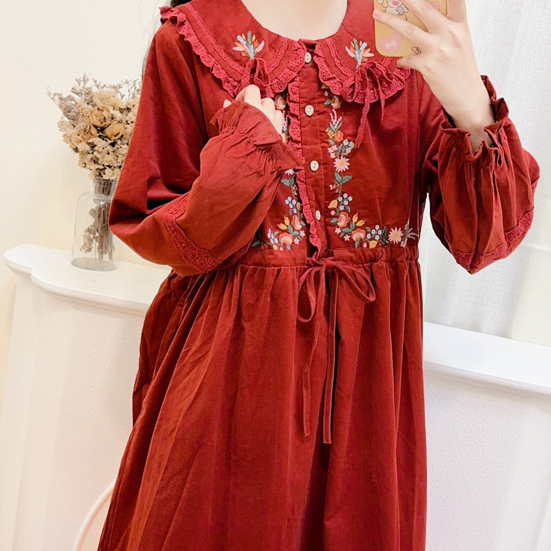 Foxy Fall Cottagecore Dress with Embroidery