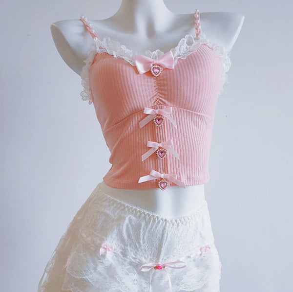 Kylee Pink Jewel Heart Bow Coquette Top