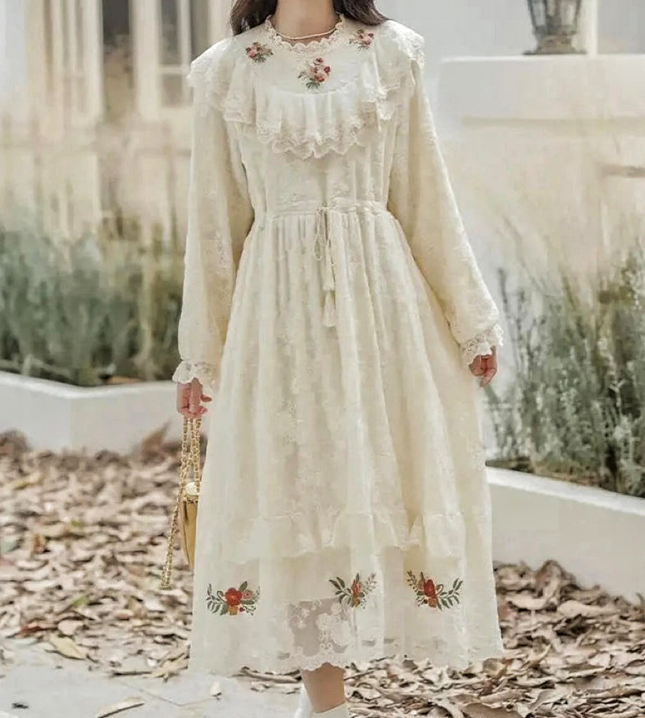 Vintage Victorian Lace Embroidered Cottagecore Dress Victorian Lace Dress