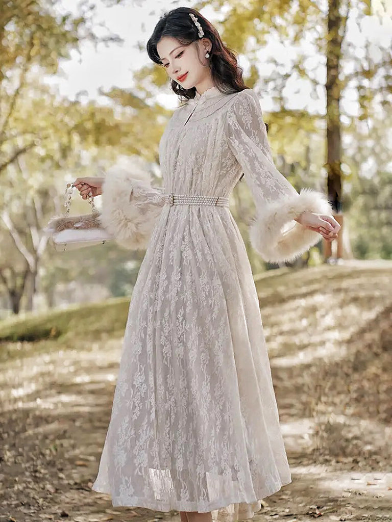 Vintage Faux Fur Lace Dress with Pearl Belt Royalcore Aesthetic  Princescore