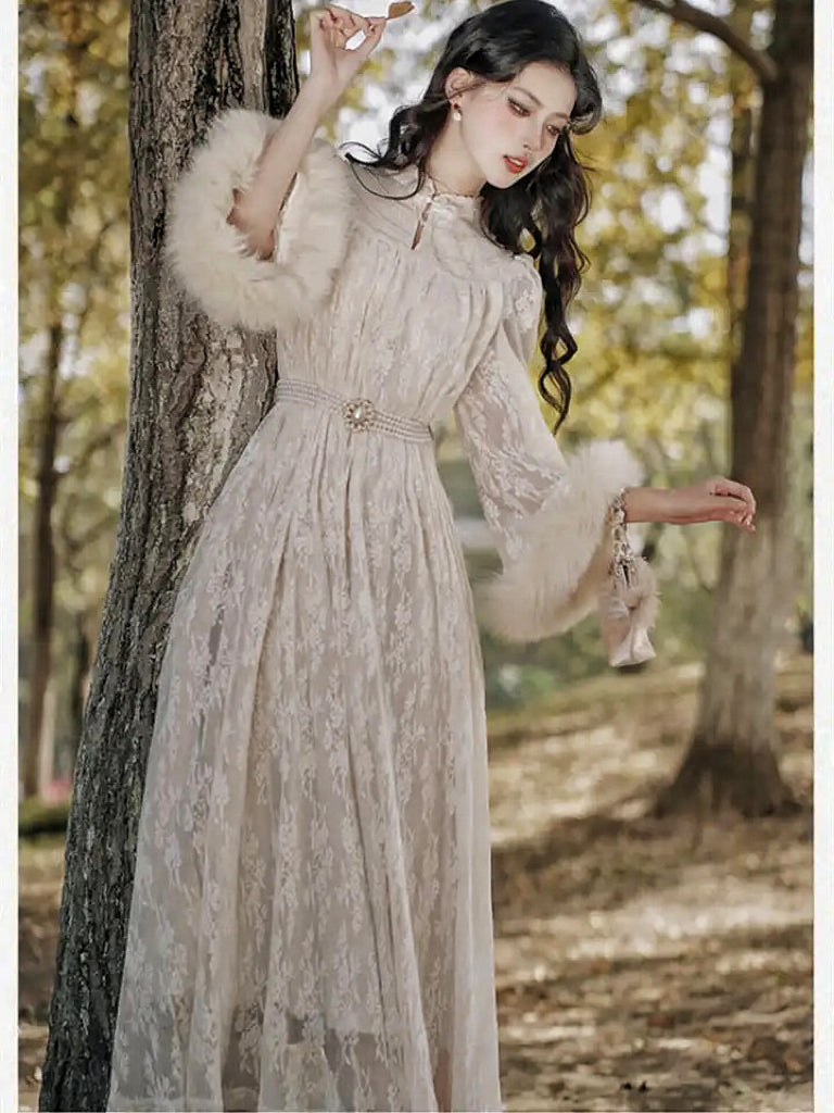 Vintage Faux Fur Lace Dress with Pearl Belt Royalcore Aesthetic  Princescore