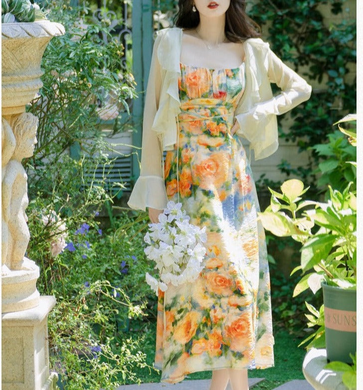 Summer Garden Floral Print Cottagecore Dress Set