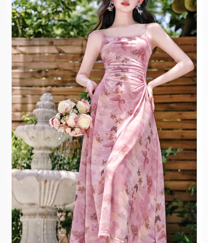 pink fairycore dress Fairycore Ruffled Pink Floral Dress S (Length- 50 inches/127 cm) I Retro Fairy