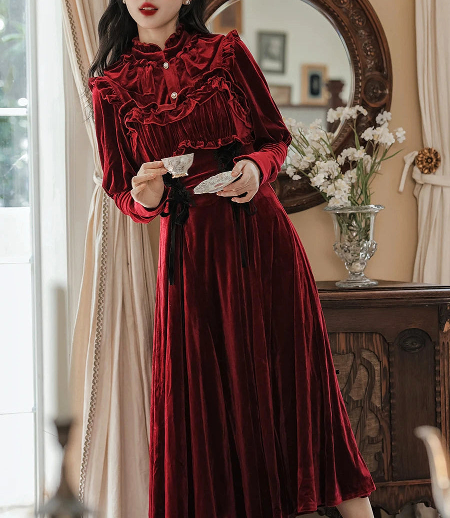 Victorian Vintage Red Velvet Dress CHRISTMAS Dress Holiday Red Dress