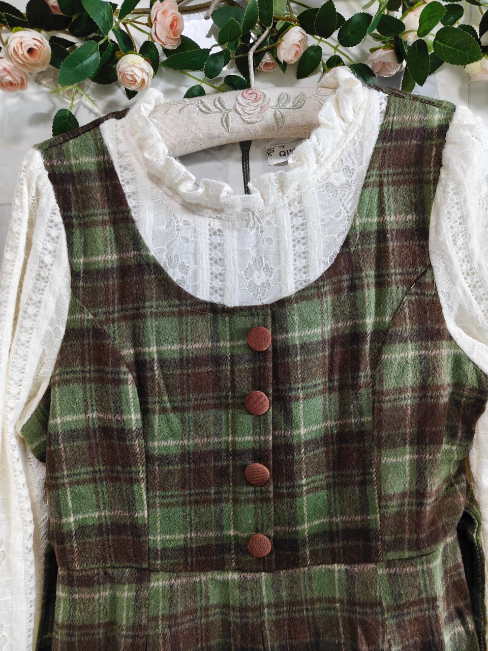 Plaid Wool Dark Academia Dress Cottagecore Style plaid Vintage Dress
