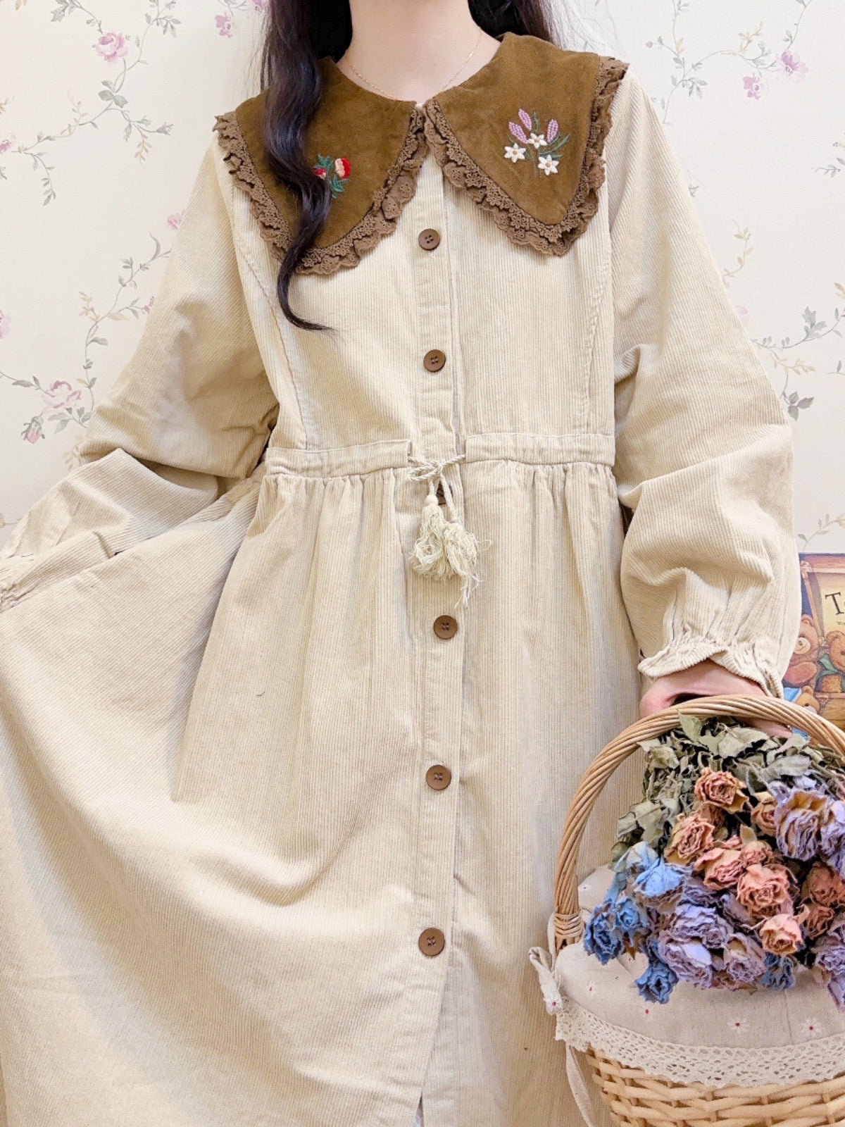 In a Faraway Land Flower Embroidered Corduroy Cottagecore Dress