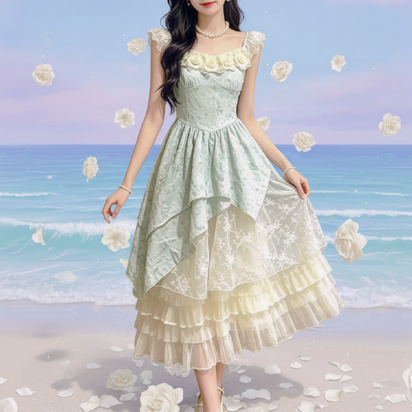 Mint Garden Rose Shabby Chic Coquette Dress