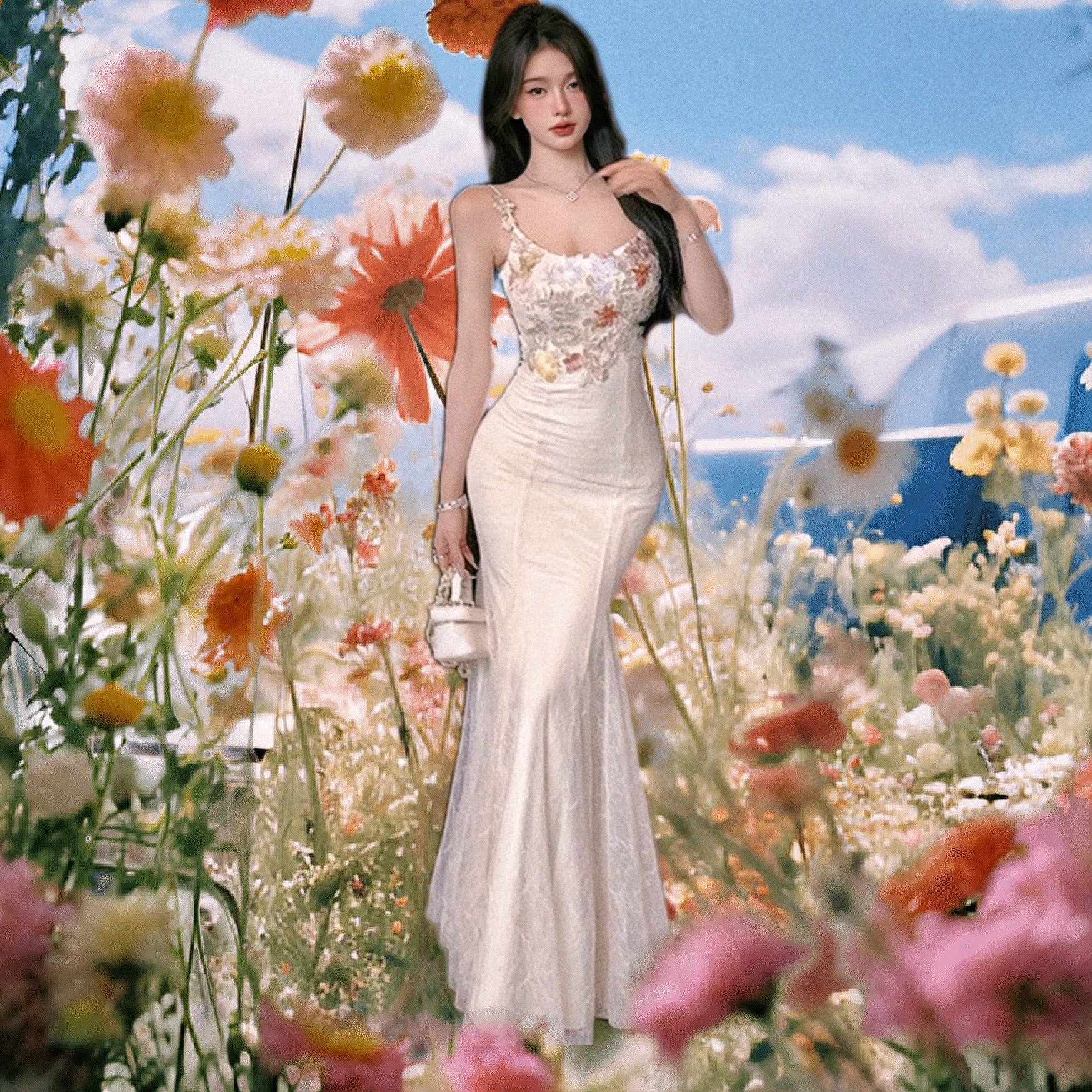 Flower Applique Coquette Fairy Dress Fairycore Prom dress Princesscore