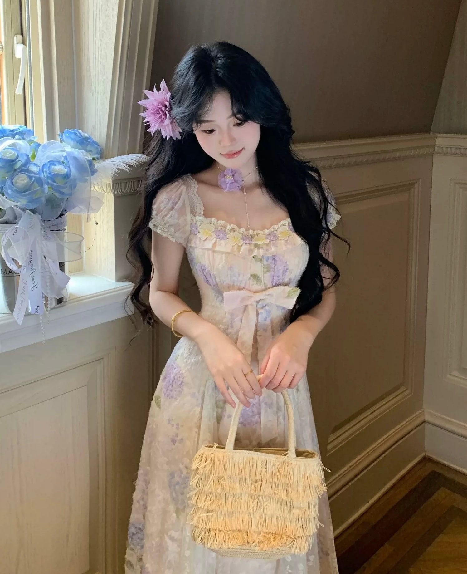 daisy dress cottagecore Skyraze Women's Vintage Cottagecore Embroidered Chiffon Beige Floral Daisy Midi Dress, Summer Beach Vacation Holiday Casual Party Picnic Elegant Luxury