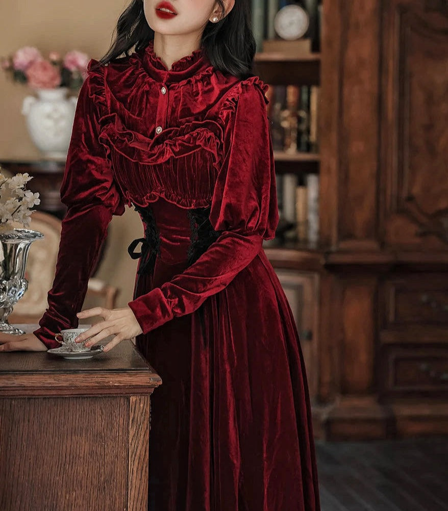 Victorian Burgundy-Red Velvet Shirt Romantic Goth Aesthetic Vampire Goth