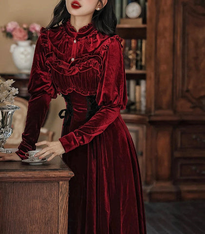 Victorian Burgundy-Red Velvet Shirt Romantic Goth Aesthetic Vampire Goth