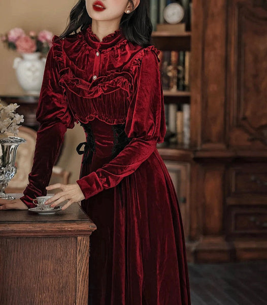 Victorian Style Burgundy-Red Velvet Shirt Romantic Goth Aesthetic Vampire Goth