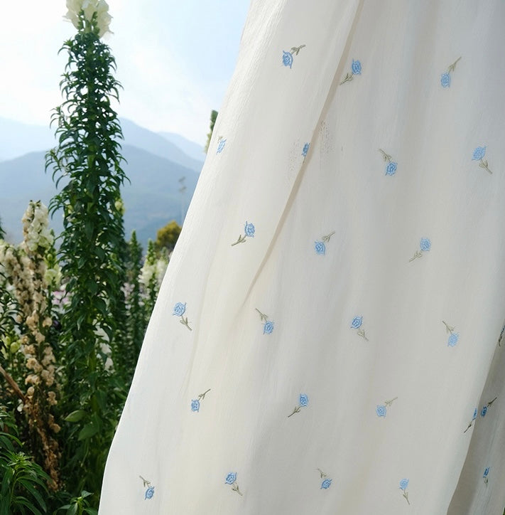 Blue Vine Flower Embroidered Cottagecore Dress