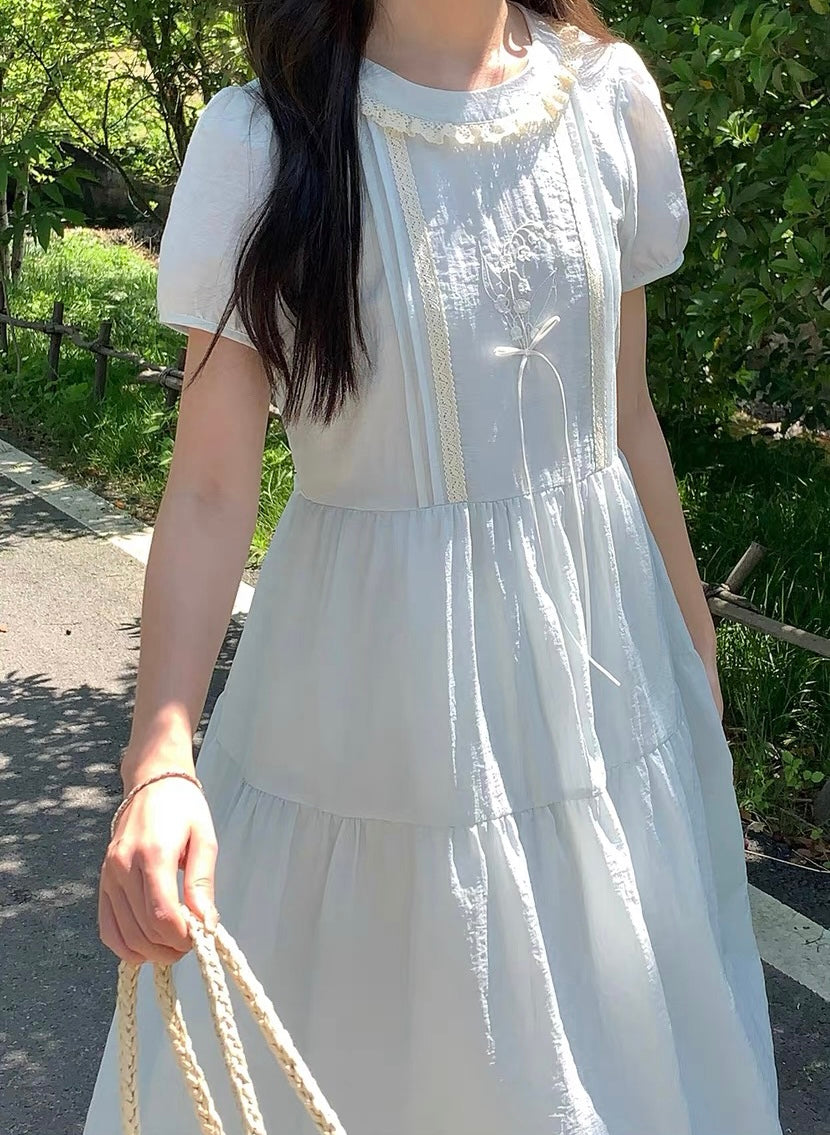 Lily of the Valley Embroidered Baby-Blue Dollcore Dress