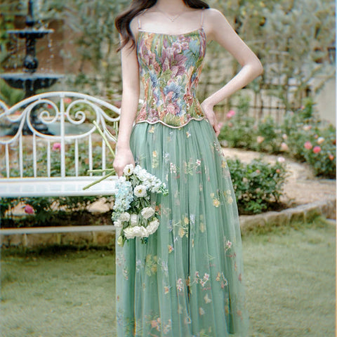 Fae Enchantment 2-Piece Flower Embroidered Green Fairy Dress Set