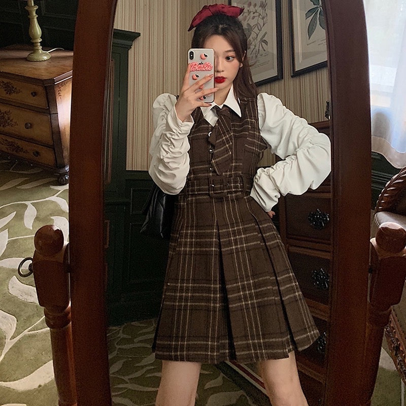 A New Chapter Plaid Pinafore Mini Dress with Belt