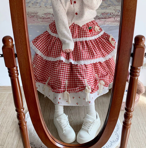 Cherry Red Plaid Cottagecore Skirt