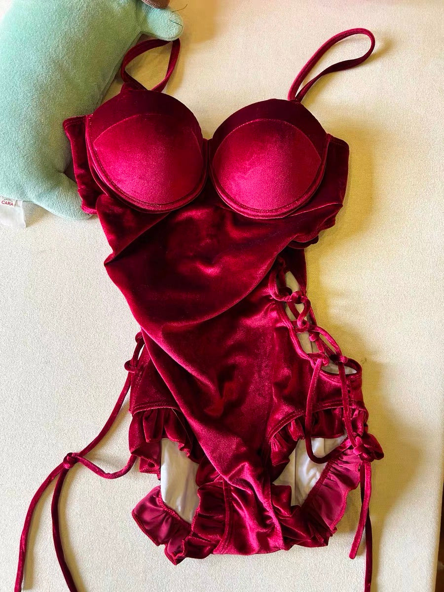 Scarlet-Crimson Velvet Swimsuit